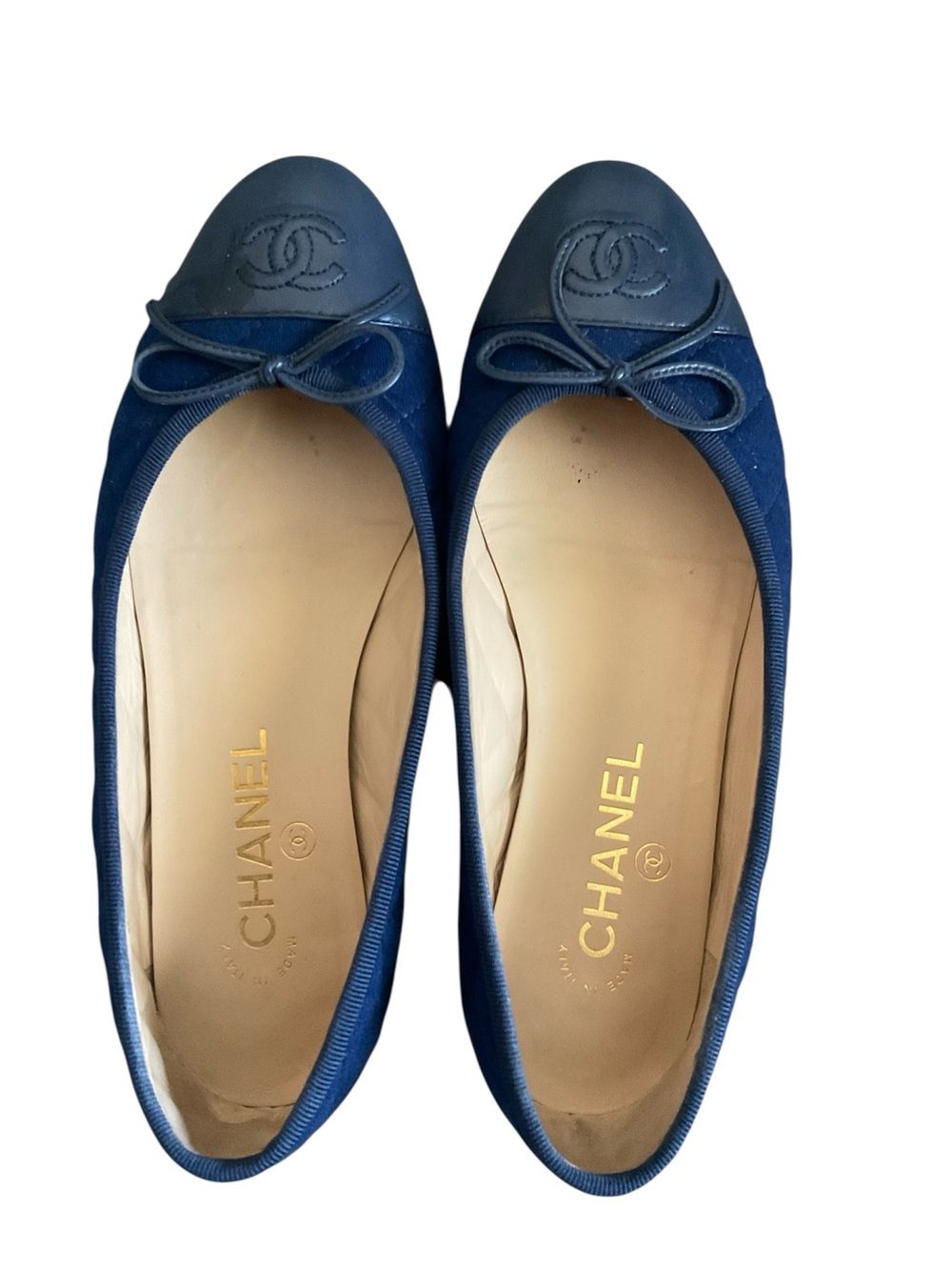CHANEL Navy Fabric Cap-Toe Leather Ballerina Flats with Bow